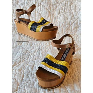 Juicy‎ Couture Platform Sandals Yellow Black Woven Leather Ankle Strap Womens 7M